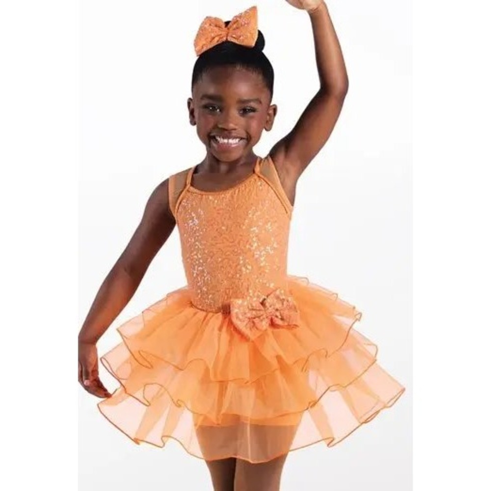 Weissman Dancewear Kids XSC Orange Sequin Leotard Tutu Skirt Set 18472